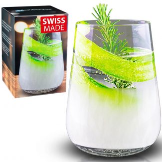 CoolDownDrink-Glas 300ml mit Gin Tonic und Rosmarin, Produktverpackung im Hintergrund