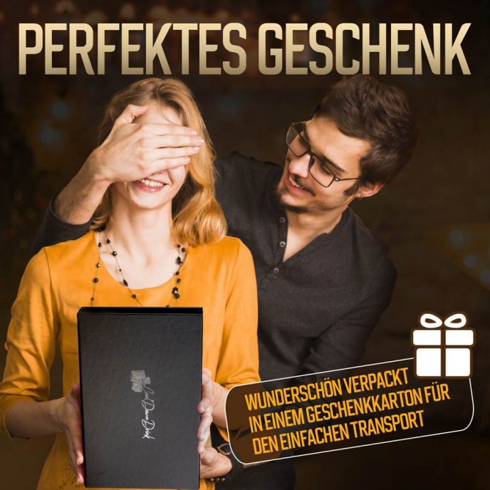 Elegante Geschenkbox für das 6-teilige Weinkühlstab Set, schwarze Box mit Magnetverschluss.